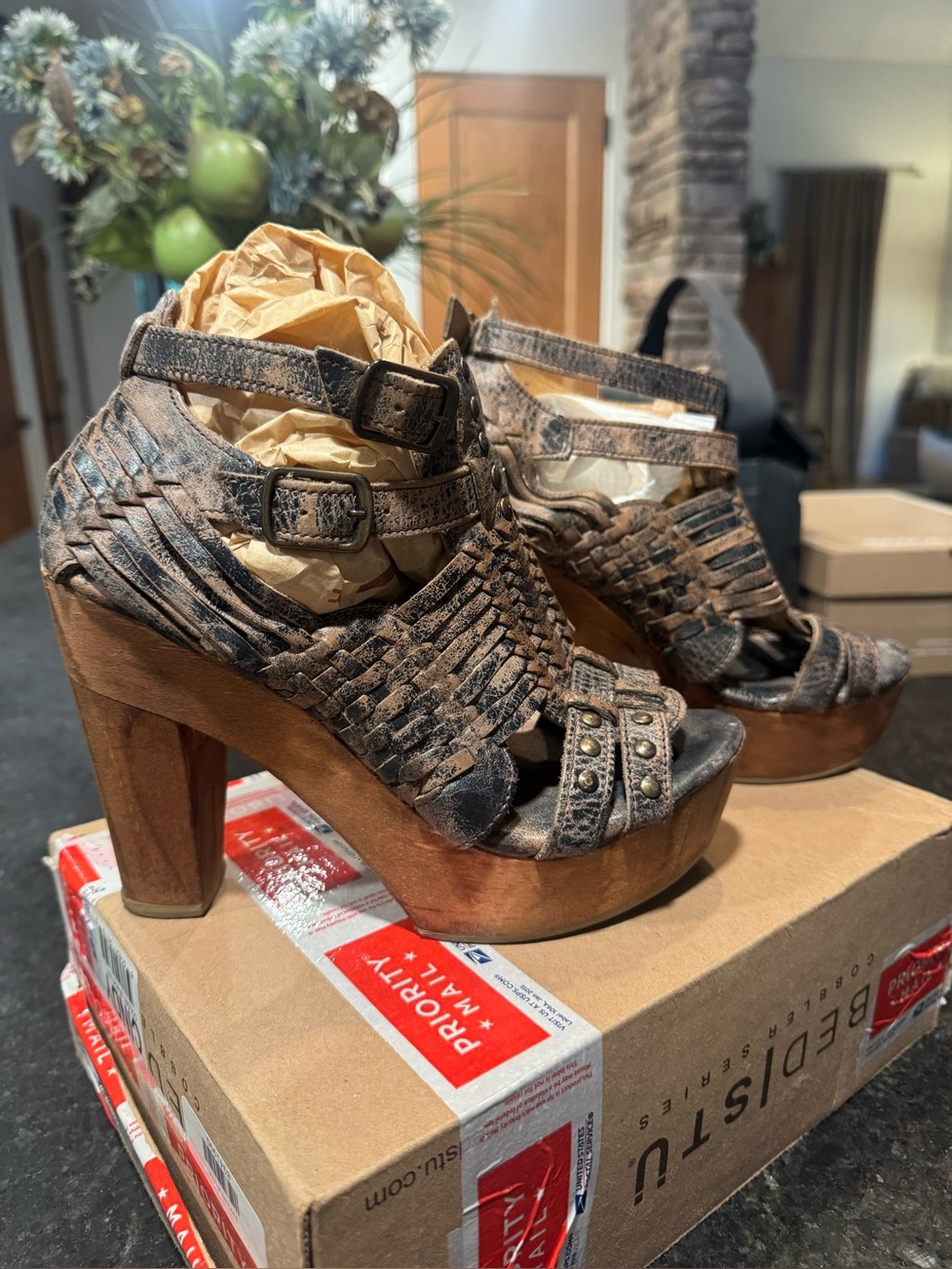 Bed Stu Distressed Brown Woven Leather Platform Heels “CINDY” black lux